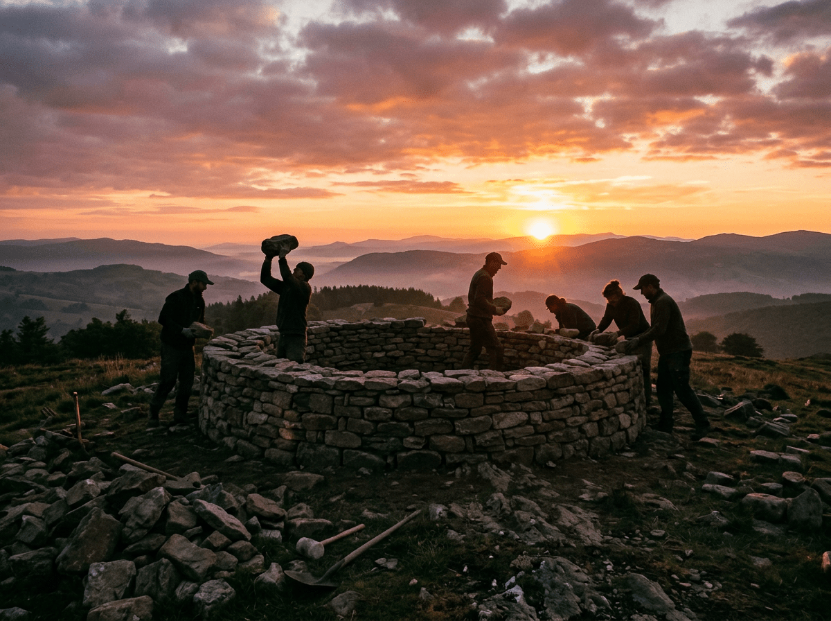 Six people constructing a circular dry stone wall outdoors at sunset in a mountainous landscape
