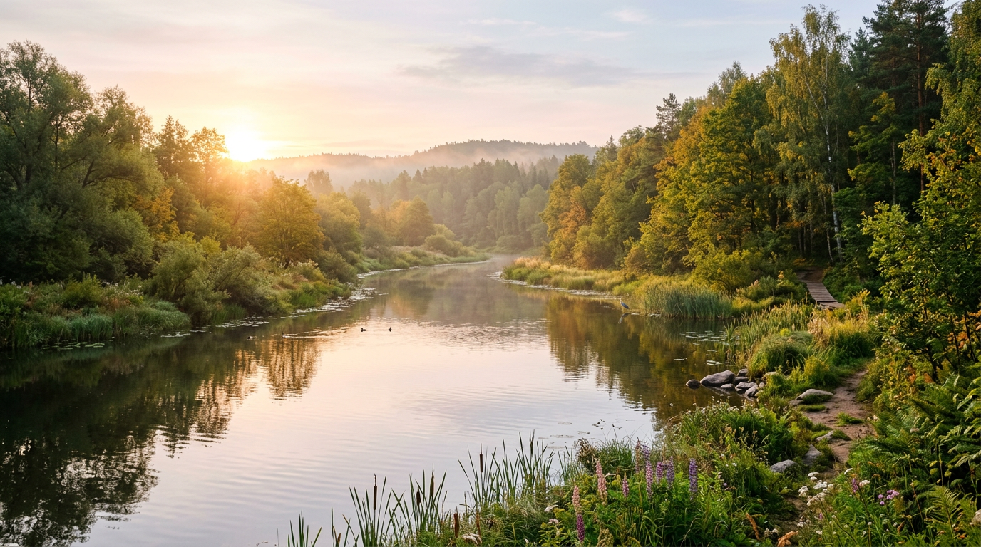Calm river reflecting trees and sunrise with green plants on banks