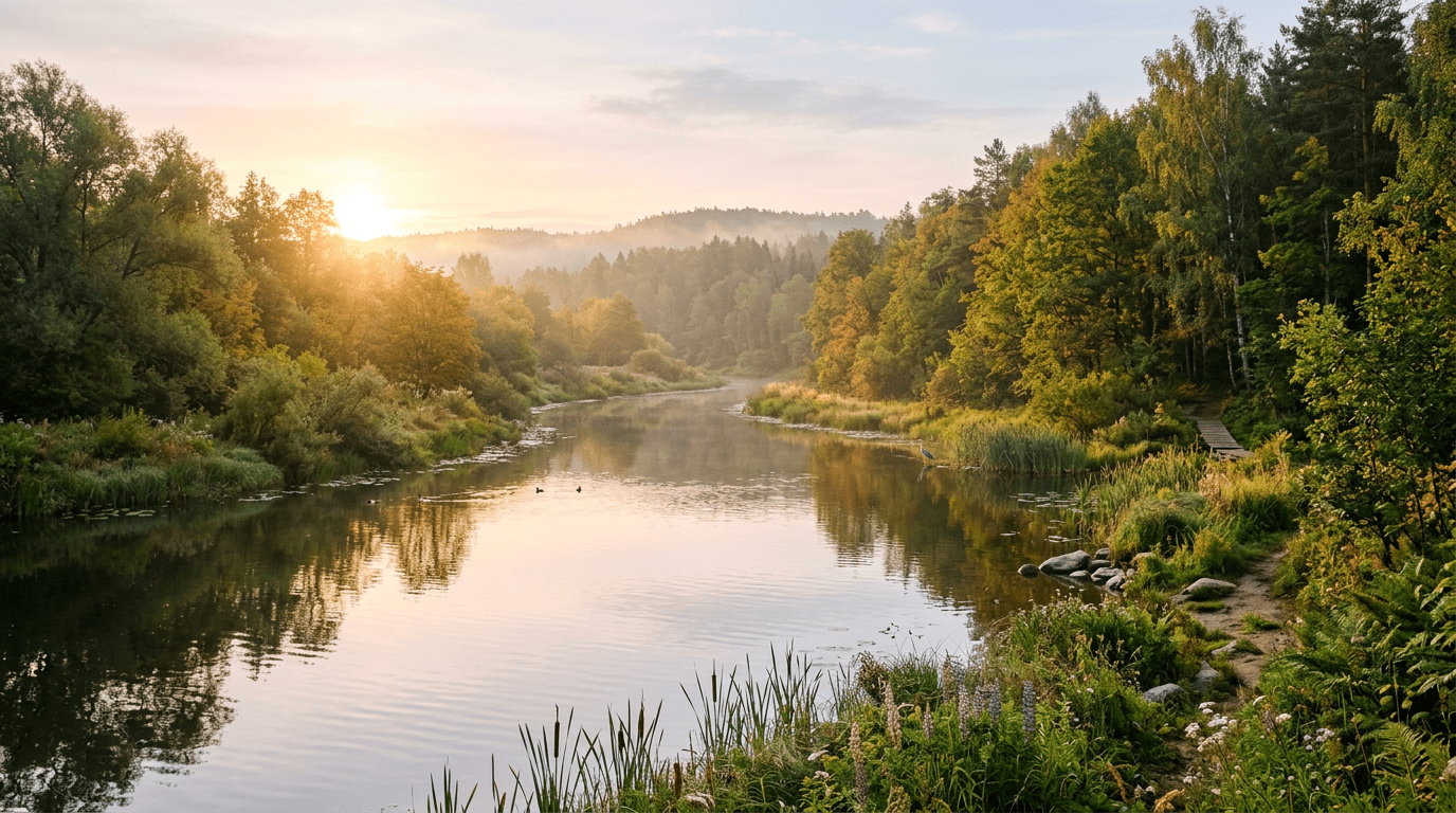 Calm river reflecting trees and sunrise with green plants on banks