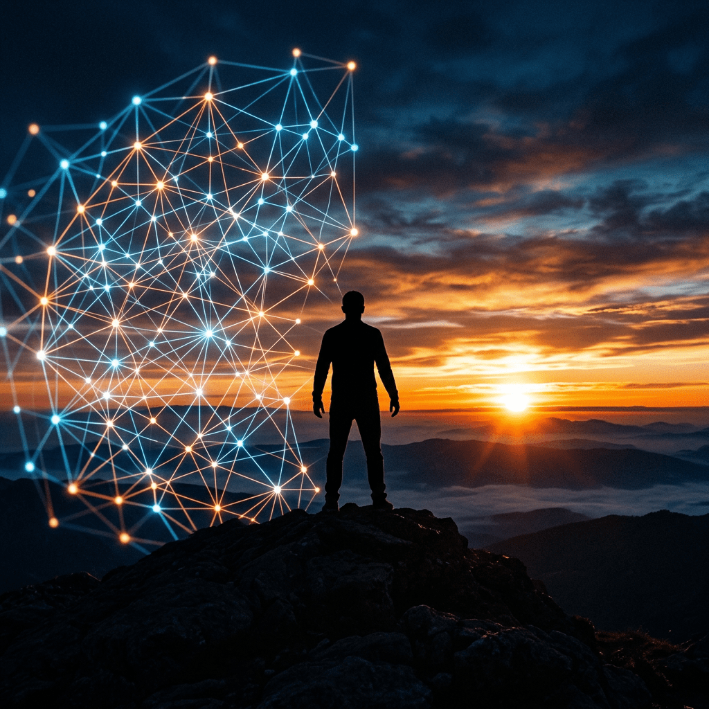 Silhouette of a person standing on rocks at sunset with a glowing digital network overlay