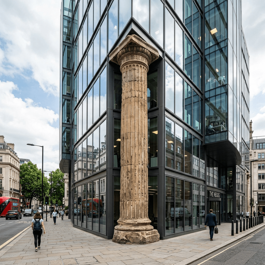 Large ancient stone column incorporated at corner of modern glass office building.
