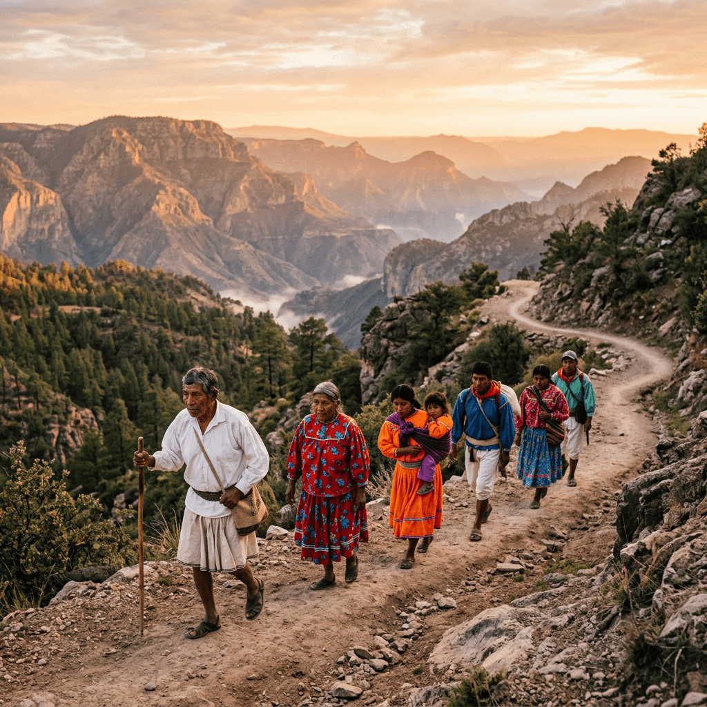 Group of indigenous people walking on a mountain trail with scenic rocky peaks and forest