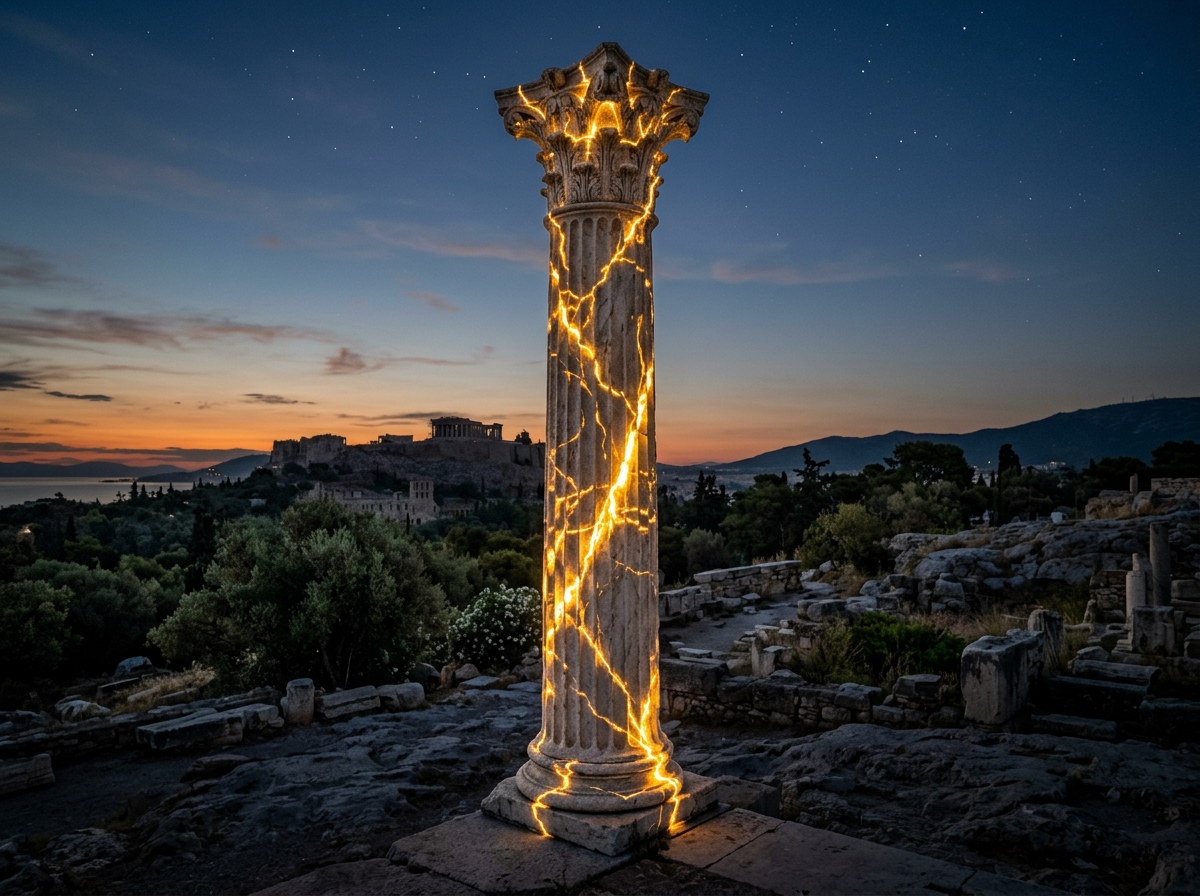 Ancient Corinthian column with glowing golden cracks at dusk