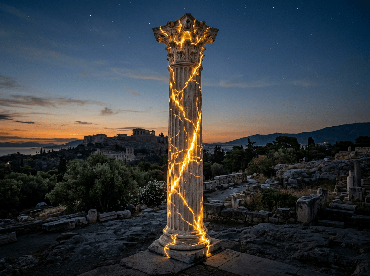 Ancient Corinthian column with glowing golden cracks at dusk