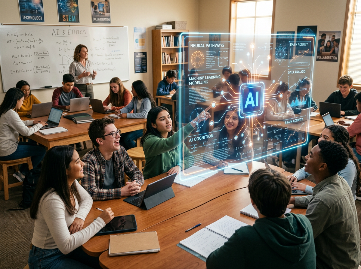 Students in classroom discussing AI with holographic AI data display