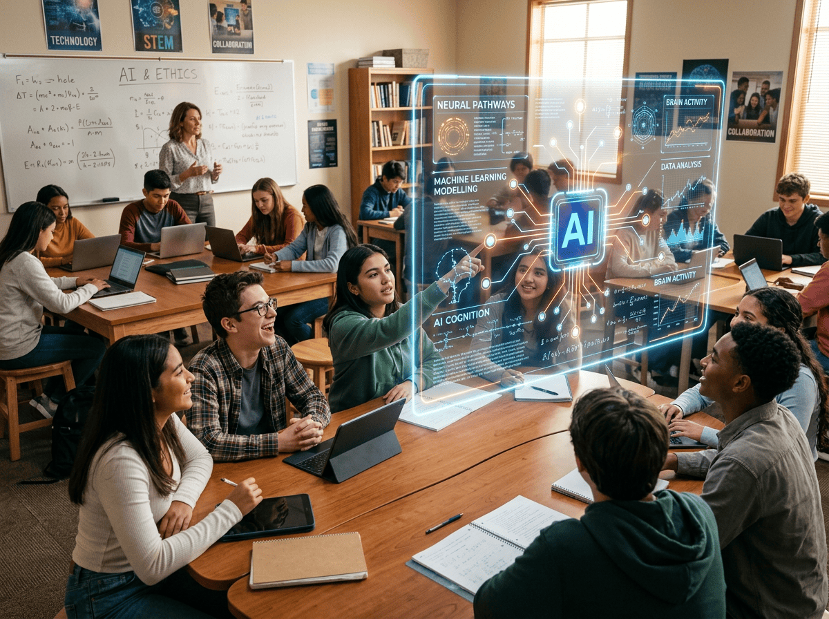 Students in classroom discussing AI with holographic AI data display