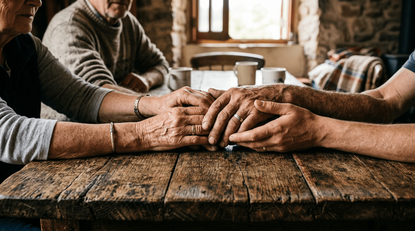 Several people holding hands across a rustic wooden table