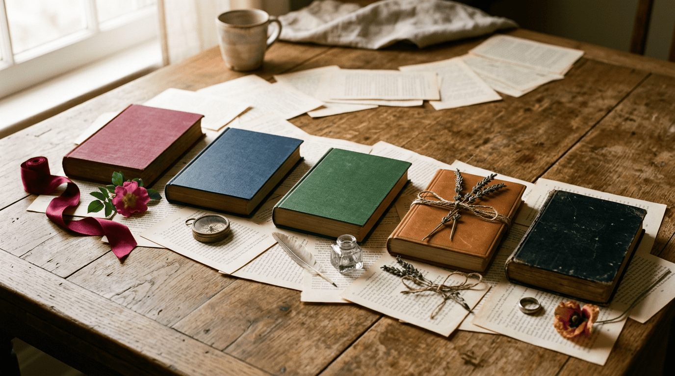 Vintage books and keepsakes arranged on papers atop a wooden table