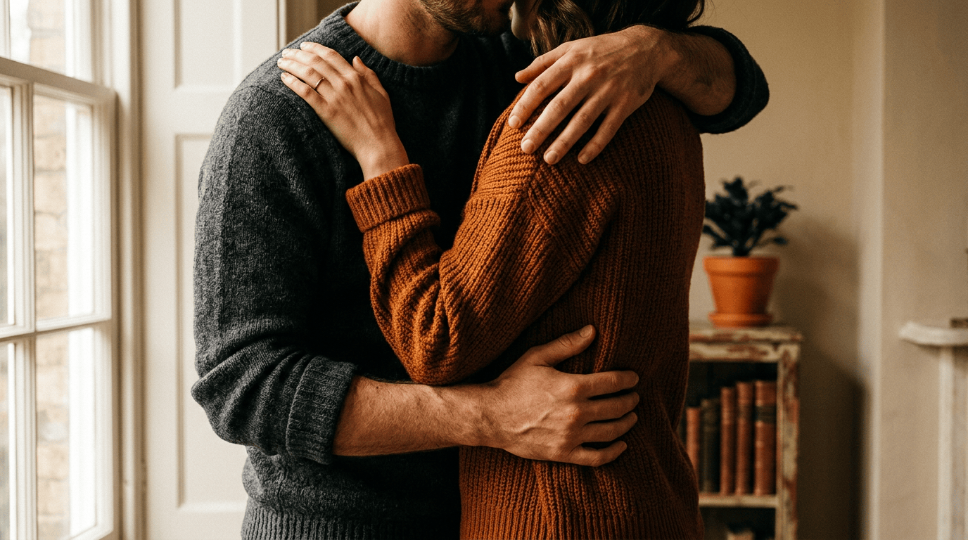 Couple embracing indoors beside a sunlit window and potted plant